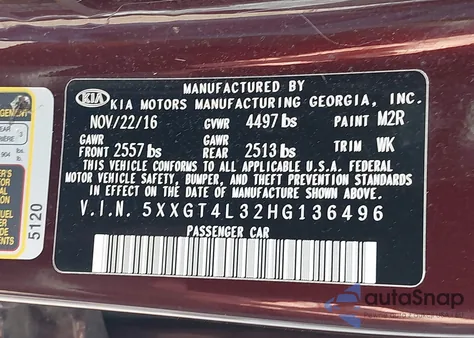 2017 Kia Optima Lx from USA, damaged, VIN 5XXGT4L32HG136496
